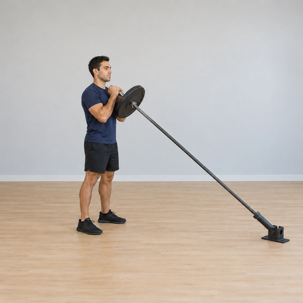 He lowers the bar end back to chest level under control, settling into the stance for the next rep.