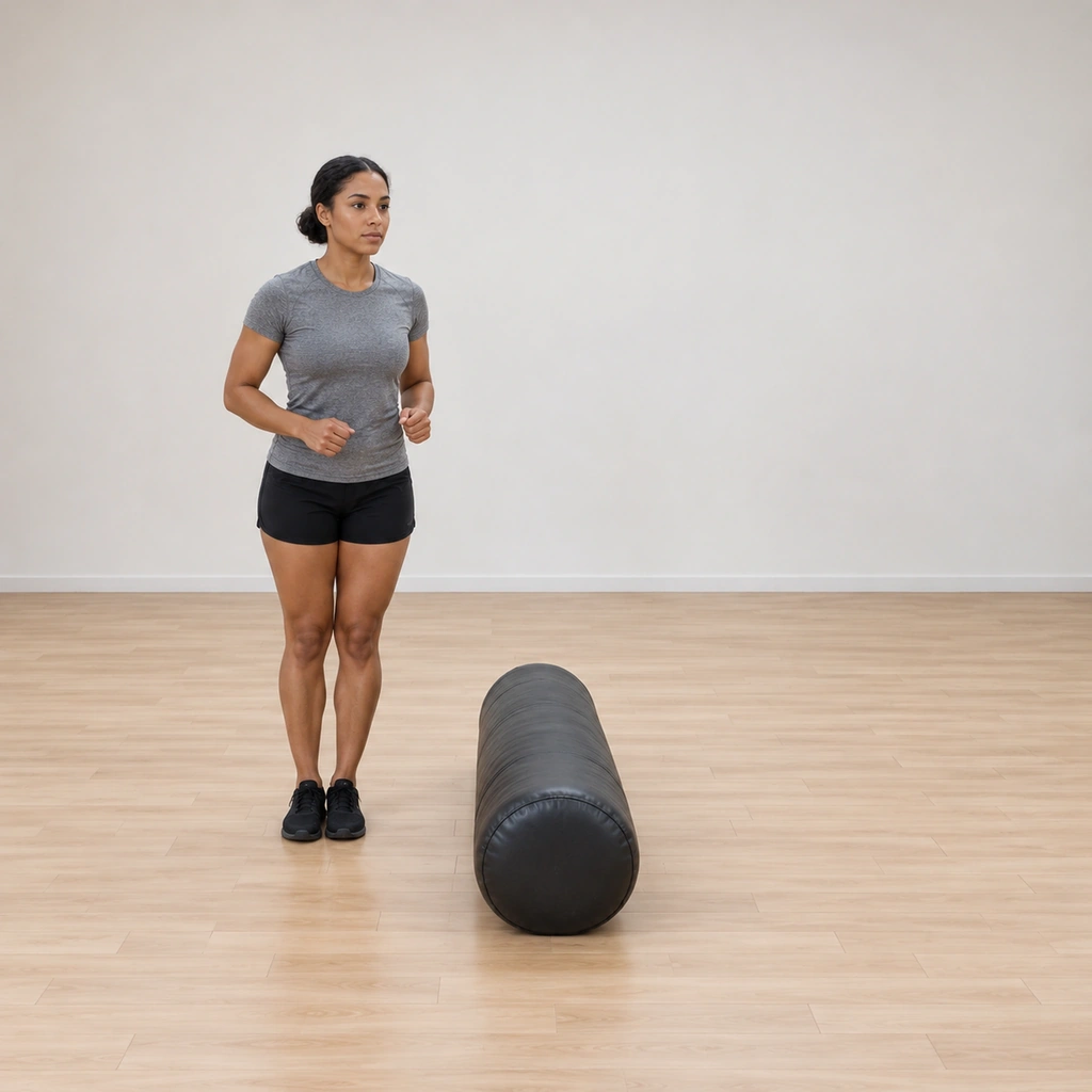 She stands beside the laid-flat bag with her feet together: knees soft, hips hinged slightly, arms loose and ready; the bag lies at her side across her path.