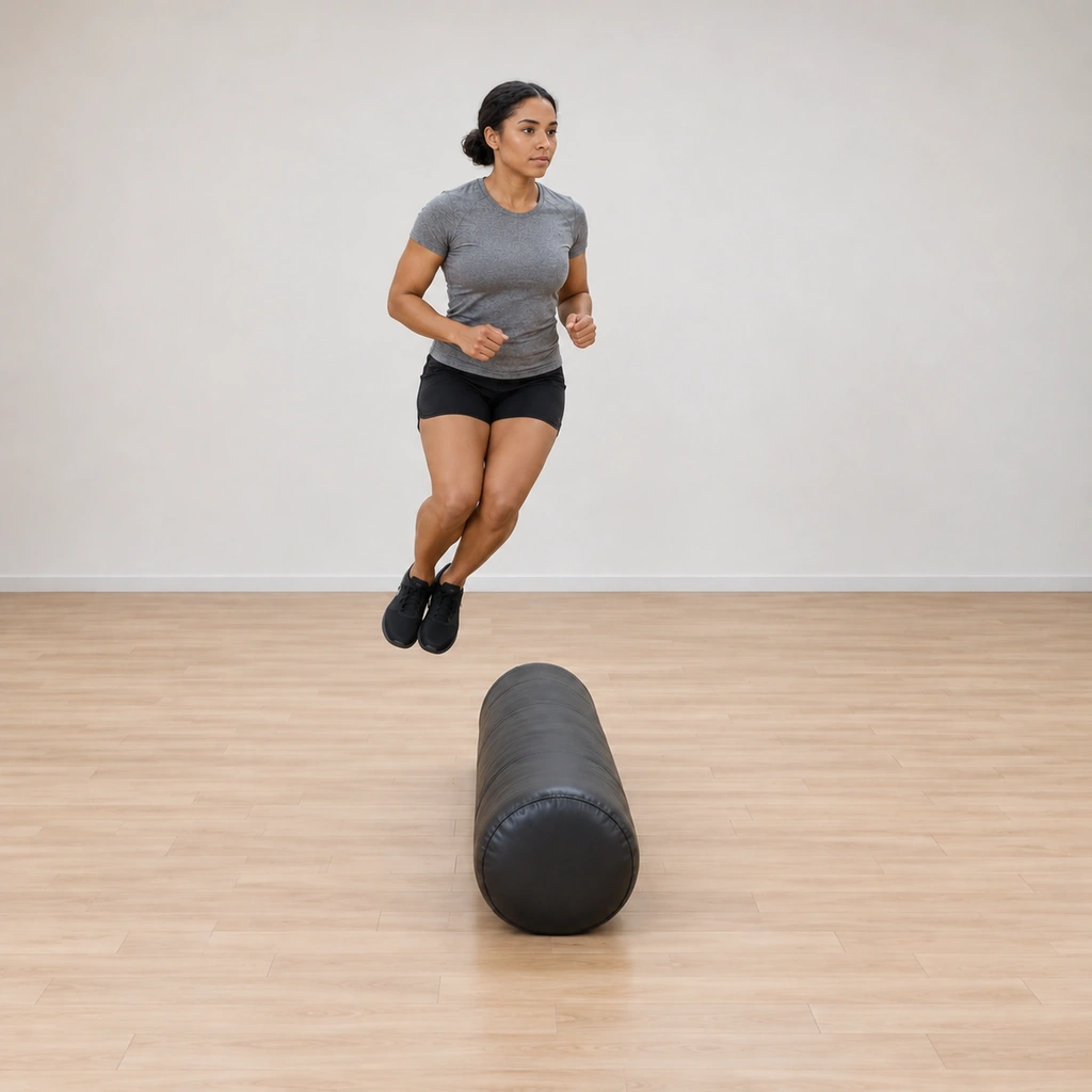 She is airborne over the laid bag: both feet together clearing it laterally, knees drawn slightly; her trunk rides tall over the tucked legs.