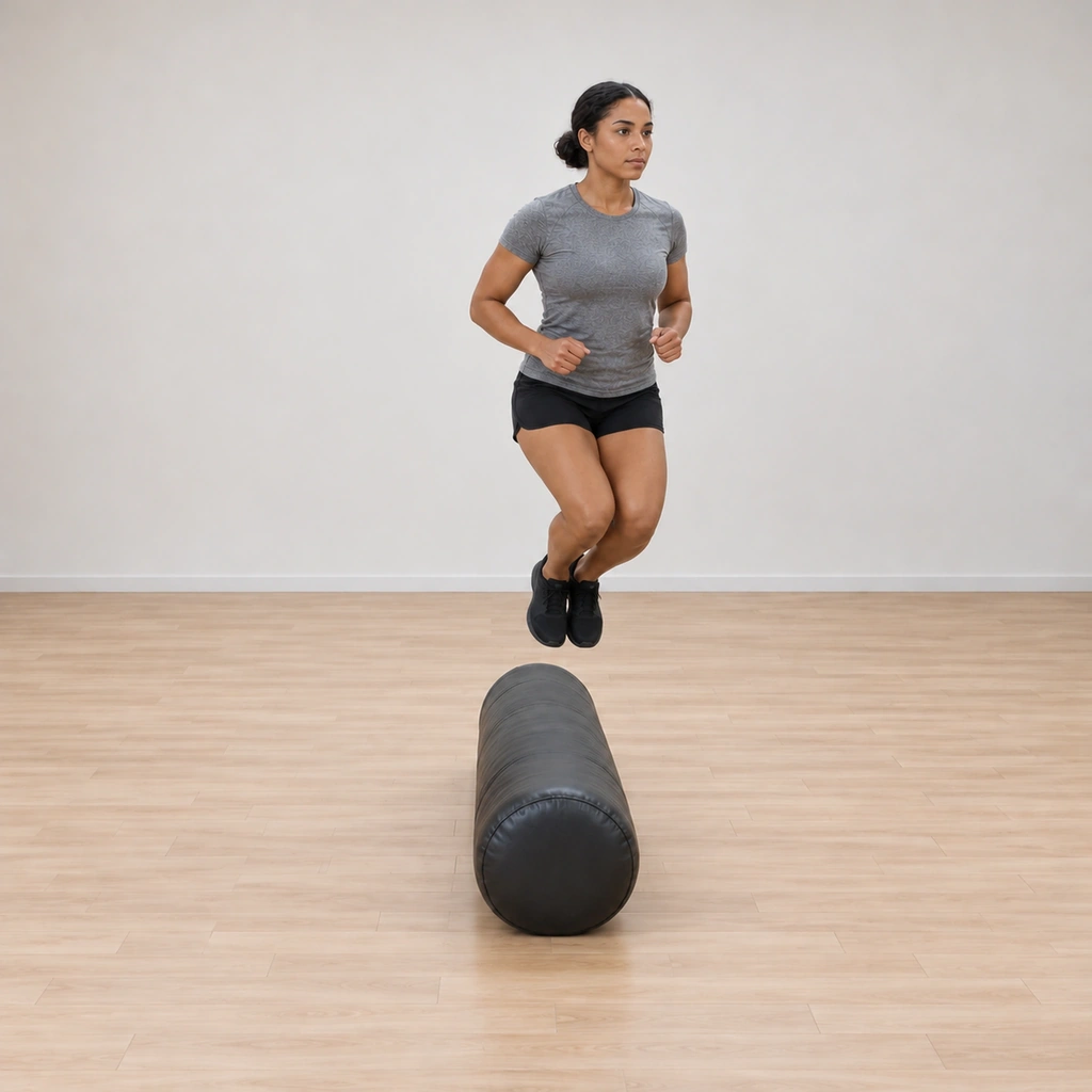 She is airborne again bounding back over the bag toward the start side: feet together, knees drawn; the continuous back-and-forth bound rhythm sustained.
