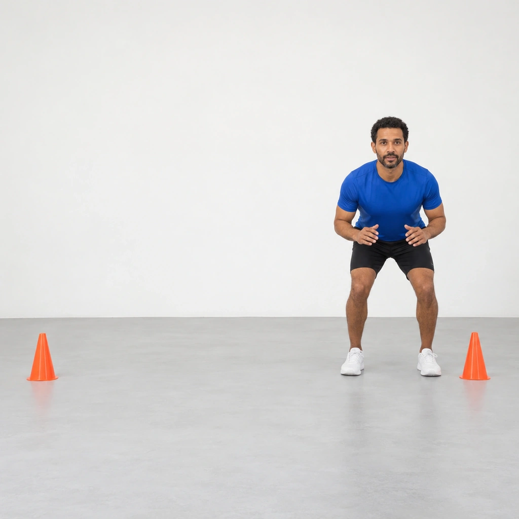 Man in a low athletic stance with his feet hip-width apart beside a cone, facing the camera.