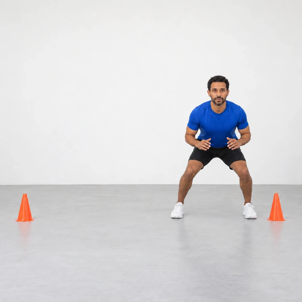 Man in a low wide stance stepping his right foot out to the side beside a cone.
