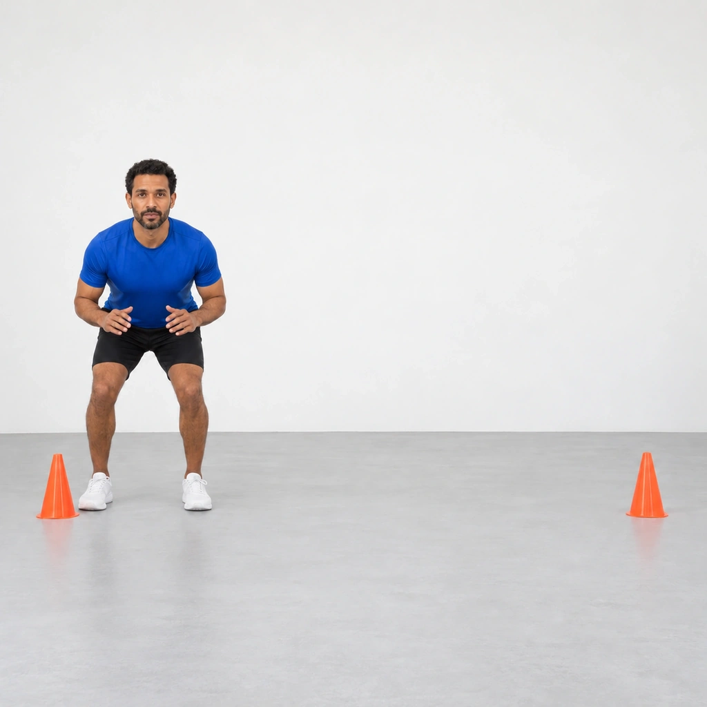 Man in a low athletic stance with his feet hip-width apart beside the second cone.