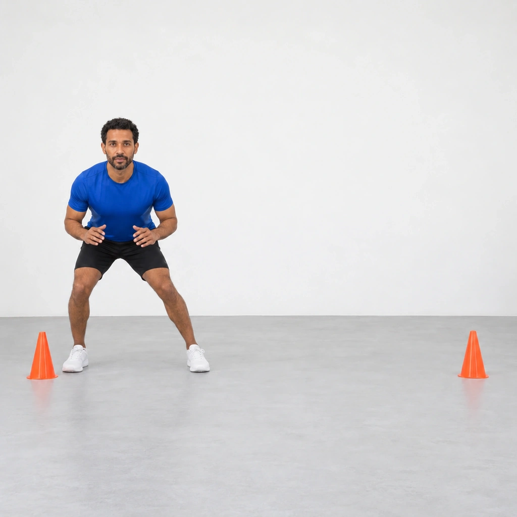 Man in a low wide stance beside the far cone, stepping his left foot out to shuffle back.