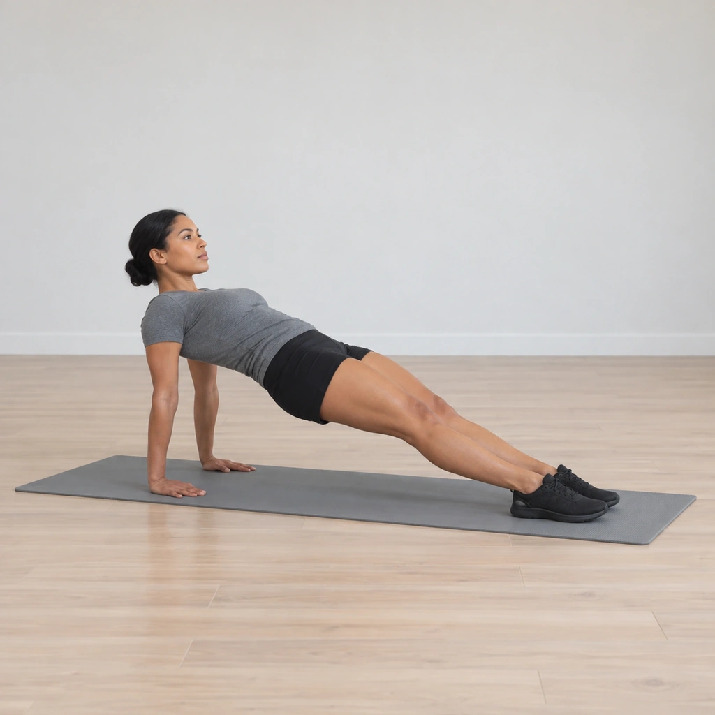 She sits on the mat propped on her hands behind her, legs long in front, her heels pressing down as her seat begins to lift.