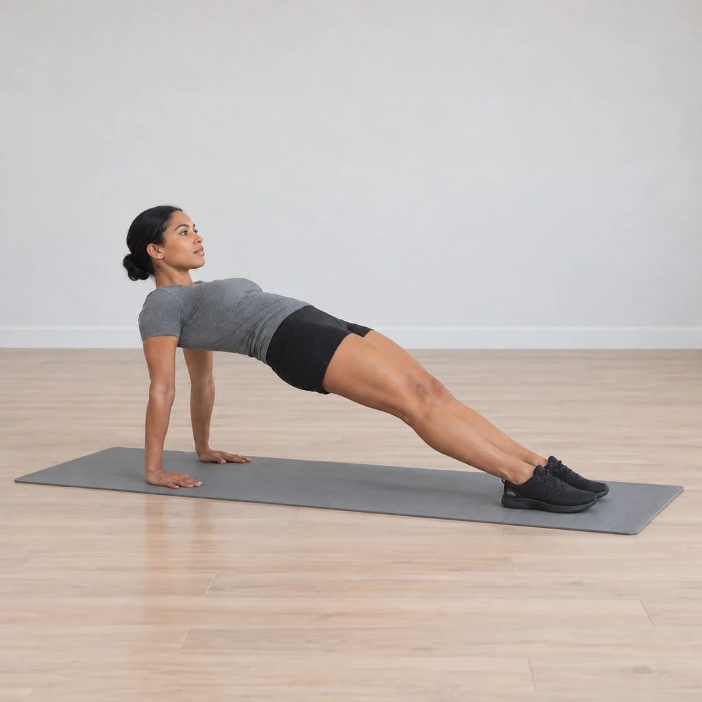 Her hips rise high into the reverse plank, seat reaching toward her heels, her body a straight face-up line and her gaze ahead.