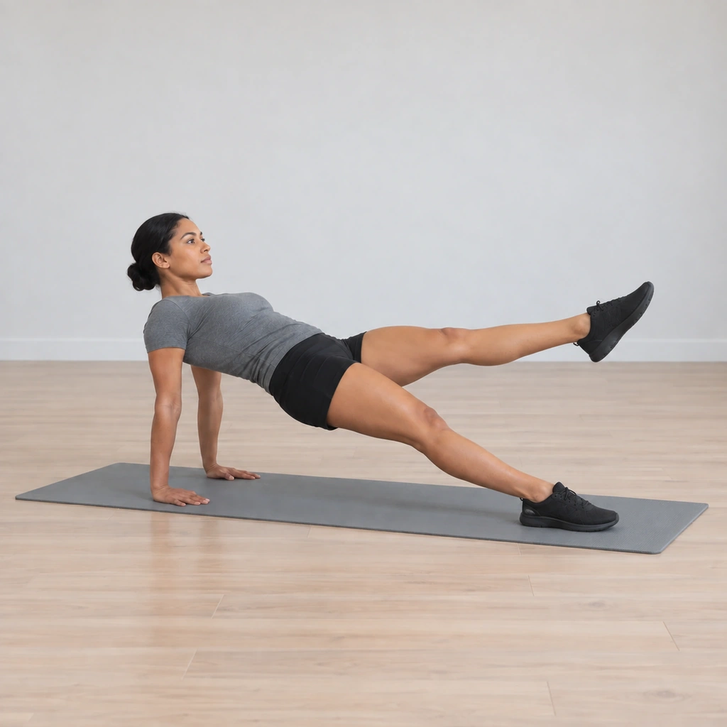 One of her legs presses firmly into the mat while the other lifts straight up, her hips staying high and her support steady.