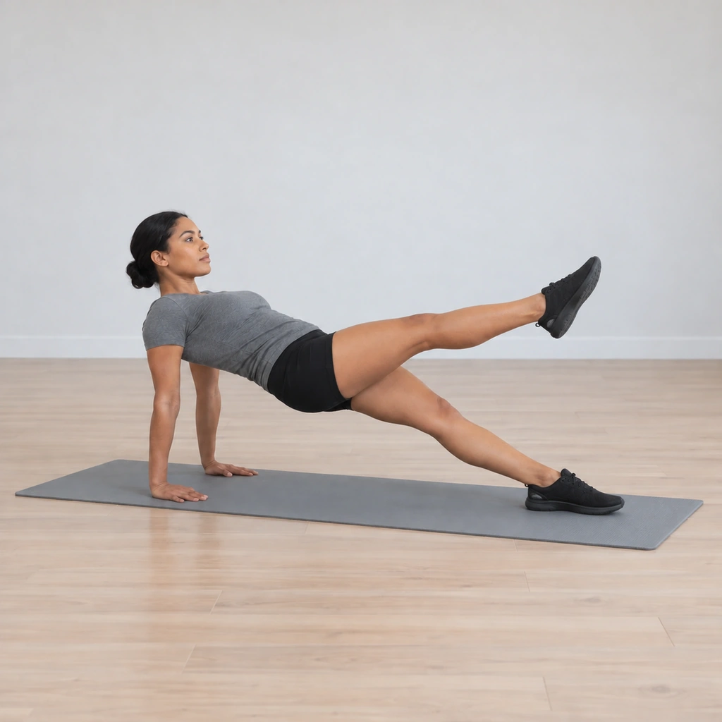 Her first leg has set back to the mat as the opposite leg lifts, the reverse plank held without any sag between sides.