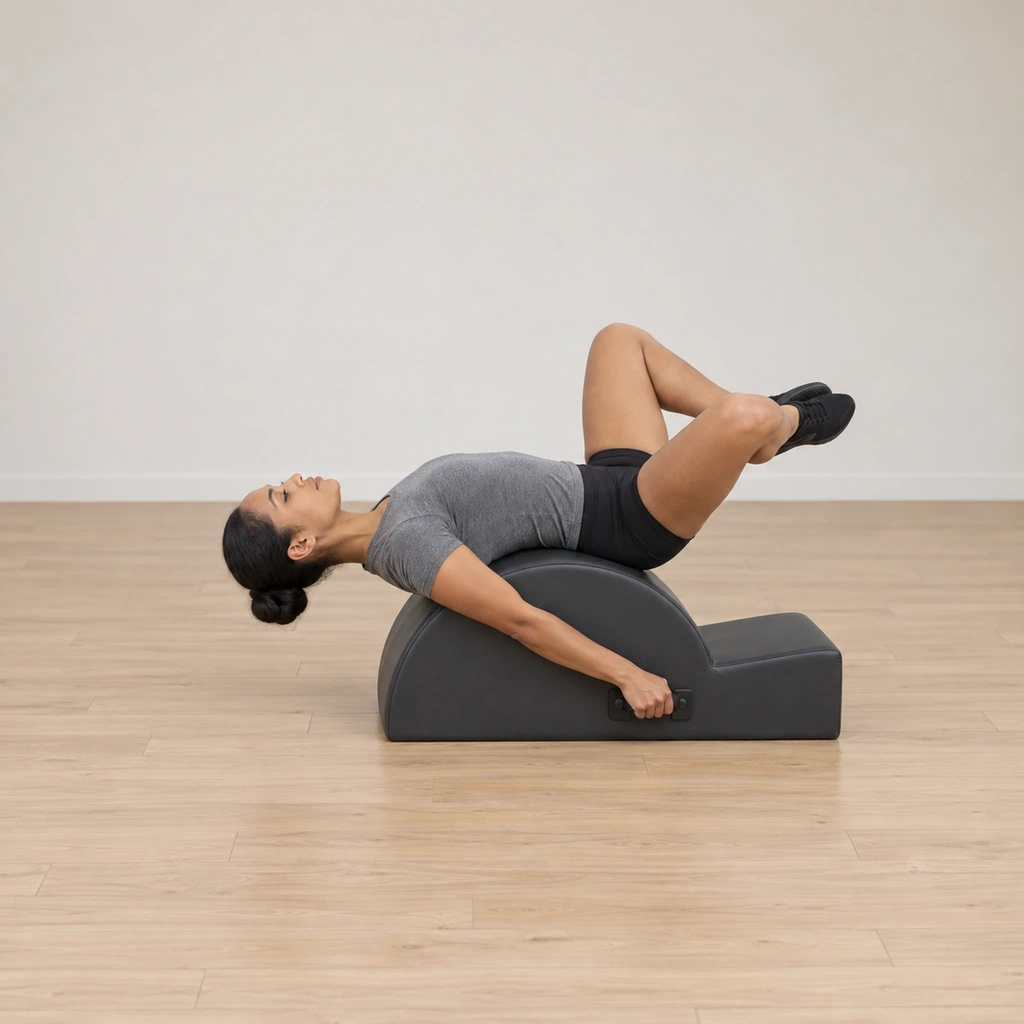 A woman lies draped back over the spine corrector, hips on the apex, knees bent wide in a frog with the heels together, hands holding the side handles and her gaze to the ceiling.