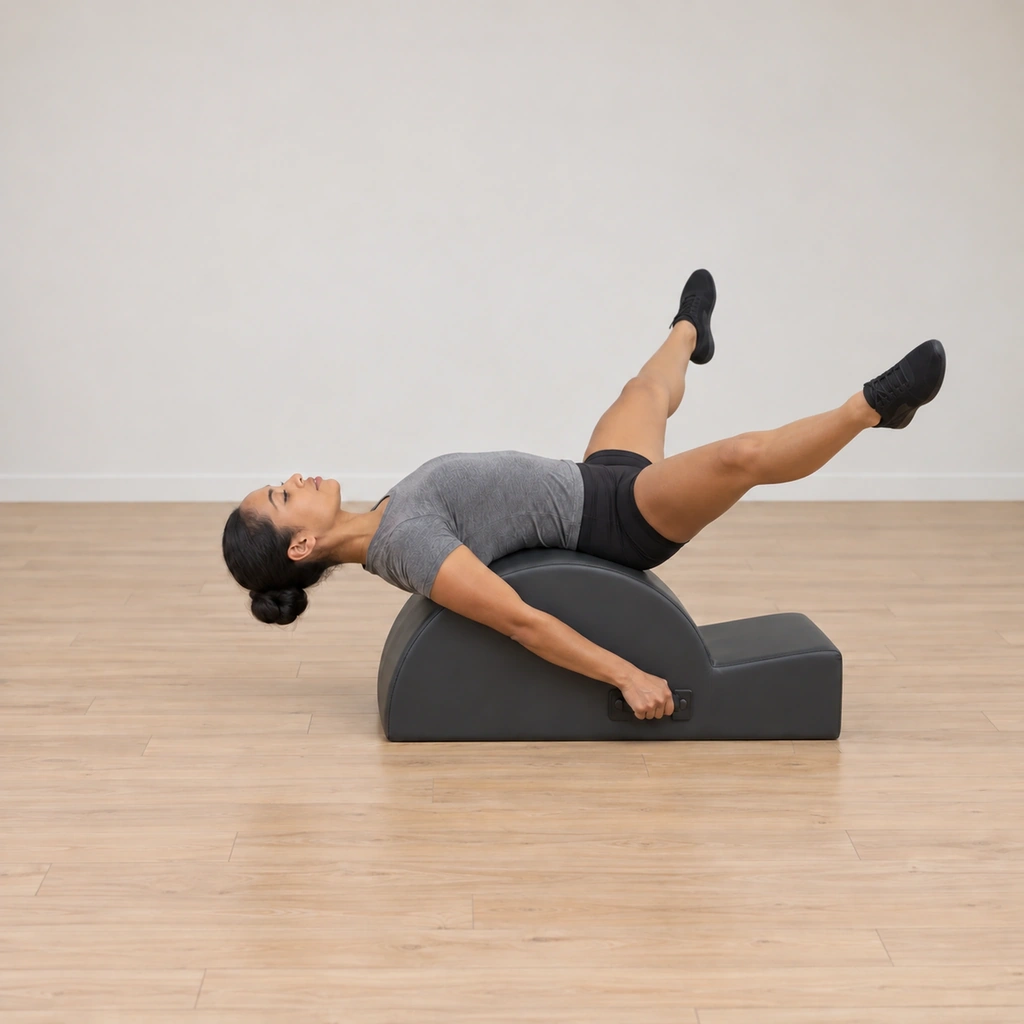 Her legs are opened wide apart at the bottom of the circle, roughly mat width, still straight with the pelvis anchored.