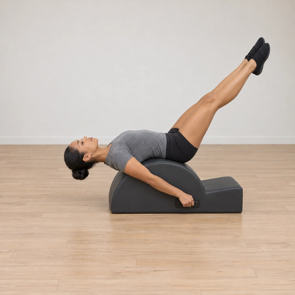 Her legs are sweeping back together toward the lifted line, still straight and rising, the circle completing to repeat.