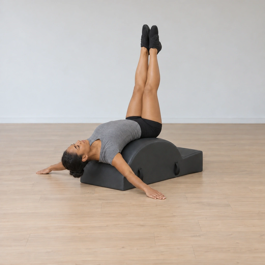 Her legs have joined side by side reaching to the ceiling, still supported over the arc, ready to split the other way.