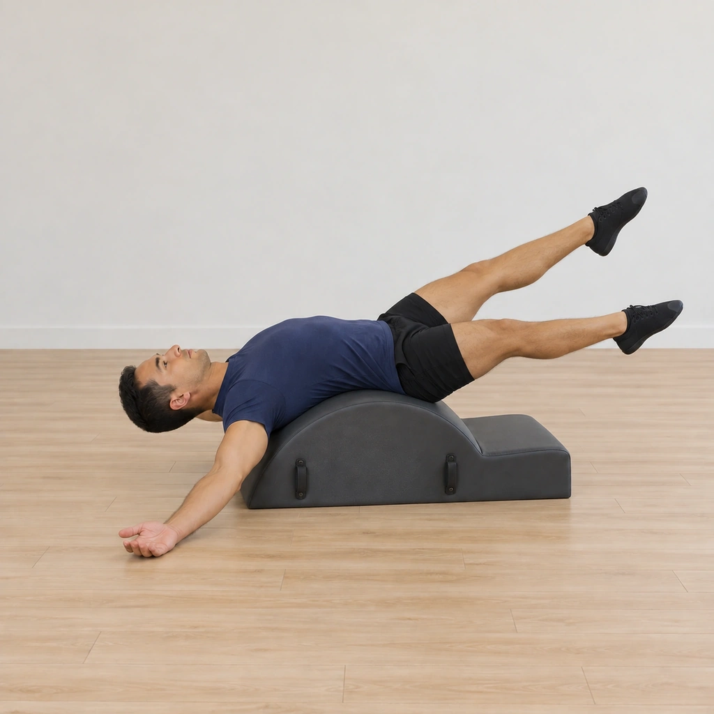 His right leg has reached about a foot below the diagonal while the left leg holds still at the diagonal - one leg moved, one held.