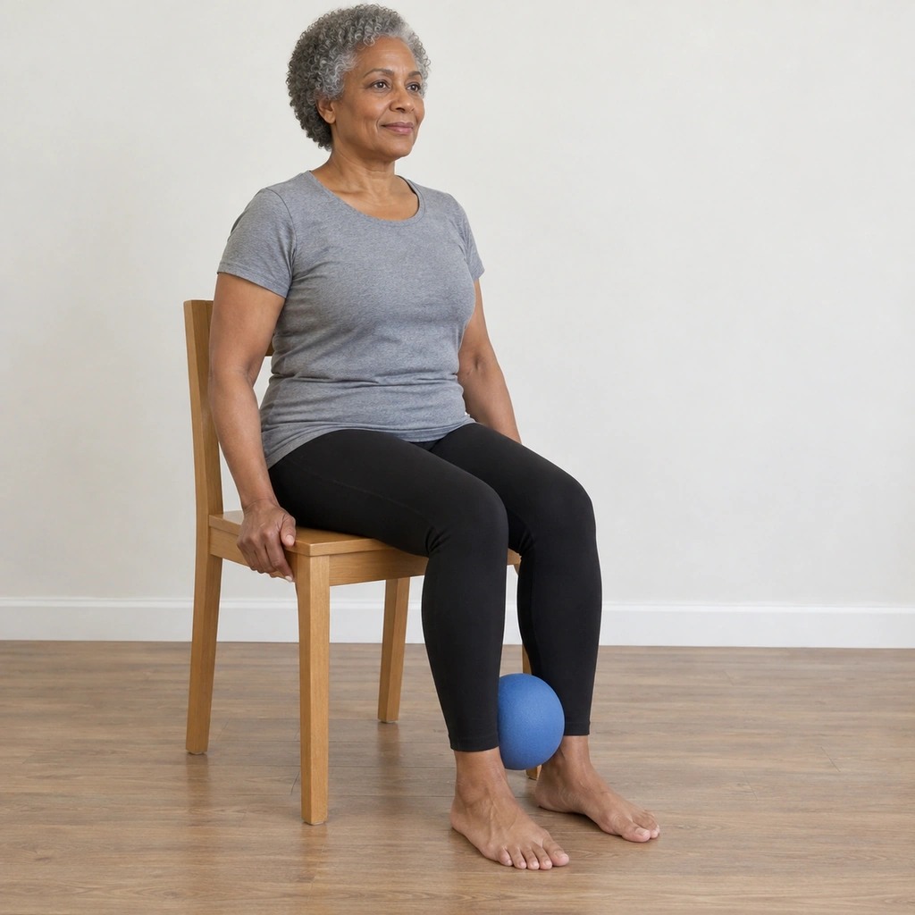 A woman sitting on a plain chair with both bare feet flat on the floor and a soft ball held between her ankles, both hands gripping the sides of the seat.