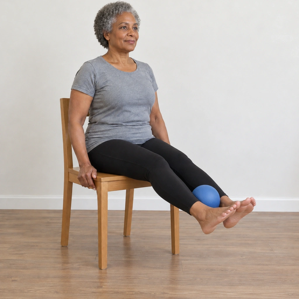 The same woman sitting upright with both bare feet lifted together off the floor, the ball still held between her ankles, both hands still gripping the sides of the seat.