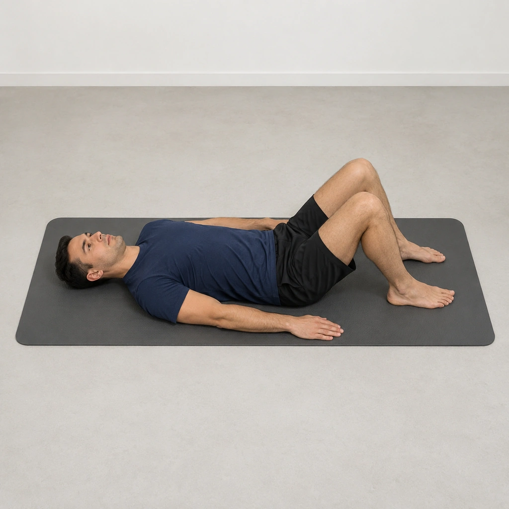 A man lying on his back on a mat, both knees bent with both feet flat on the mat, both straight arms resting at his sides.