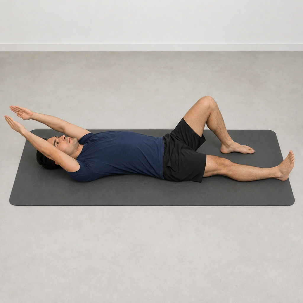 The same man with his right leg fully extended and straight along the mat and both straight arms raised fully overhead, lifted clear of the mat.