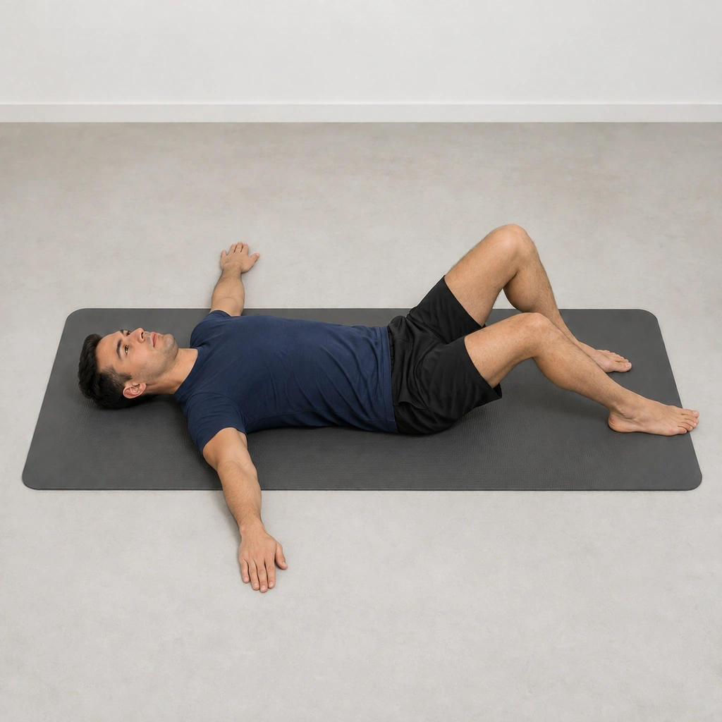 The same man with his right heel sliding back toward the buttock and both straight arms out to the sides at about shoulder height, midway through circling down.