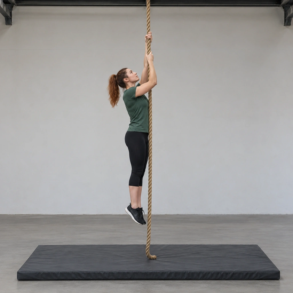 A woman hanging from a high two-hand grip on a rope, her feet hanging free clear of the rope and the mat.