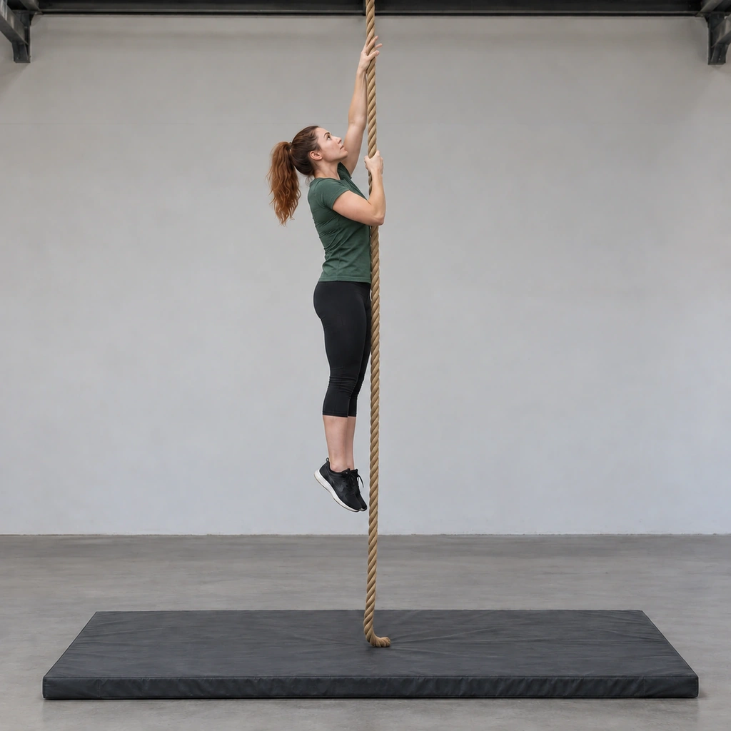 A woman pulling up the rope, one hand released and reaching past the other, feet still clear.