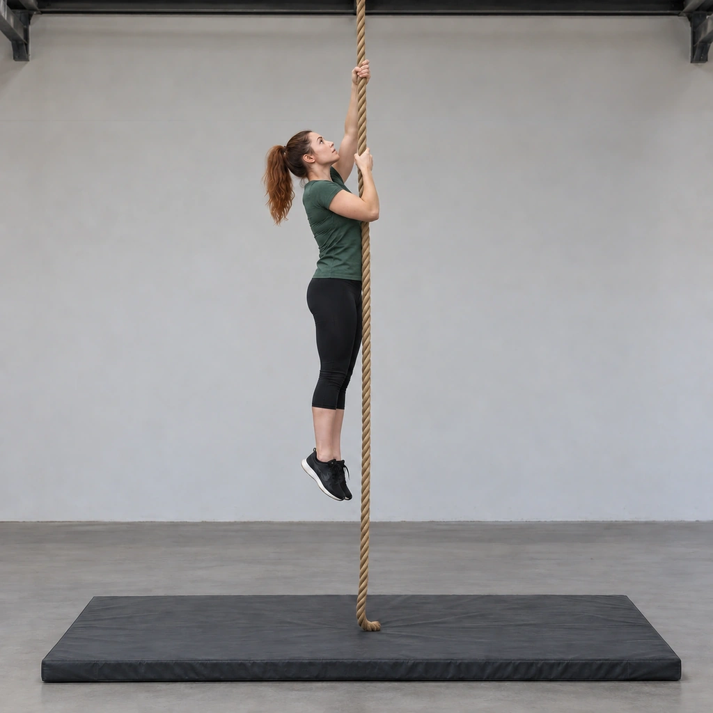 A woman mid-climb on the rope, hands alternating above her, her body held close to the line.
