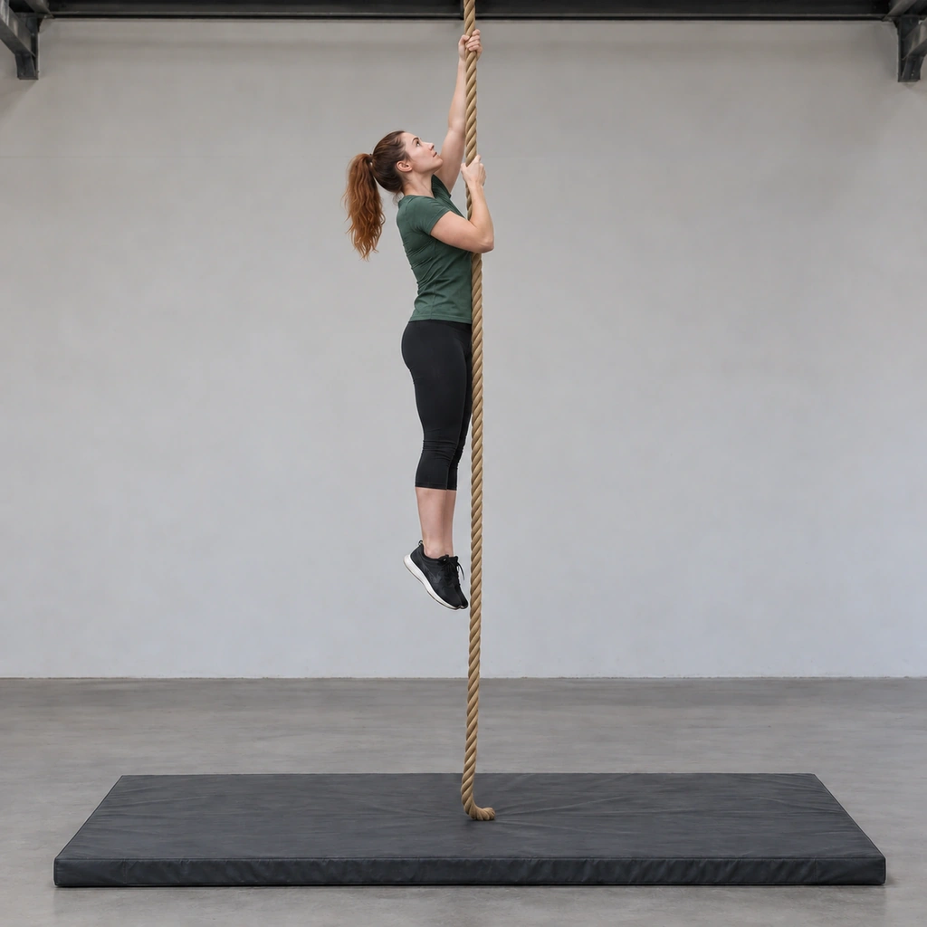 A woman stretched tall on the rope, top hand reaching as high as she can for the next pull.