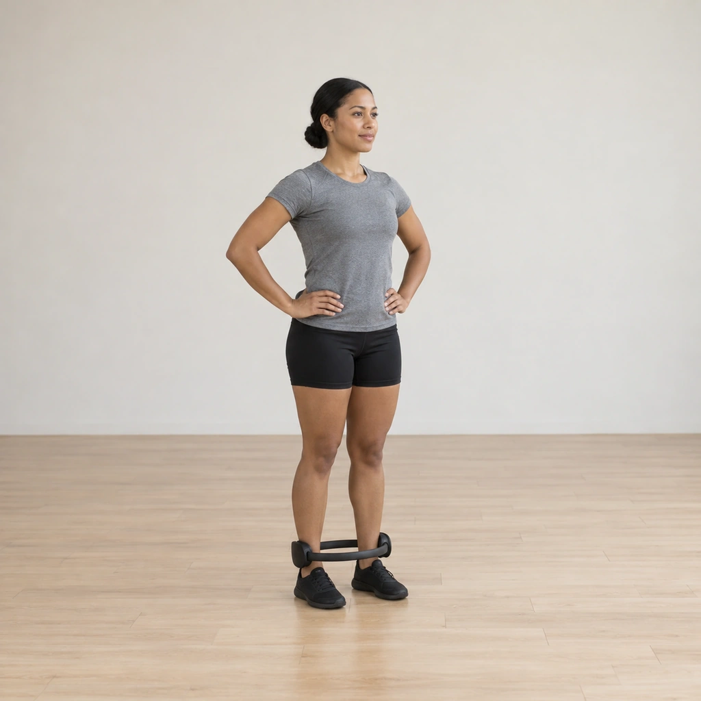 A woman stands inside the magic circle, the ring pads resting at her ankles above the bones, legs parallel, hands on her hips.