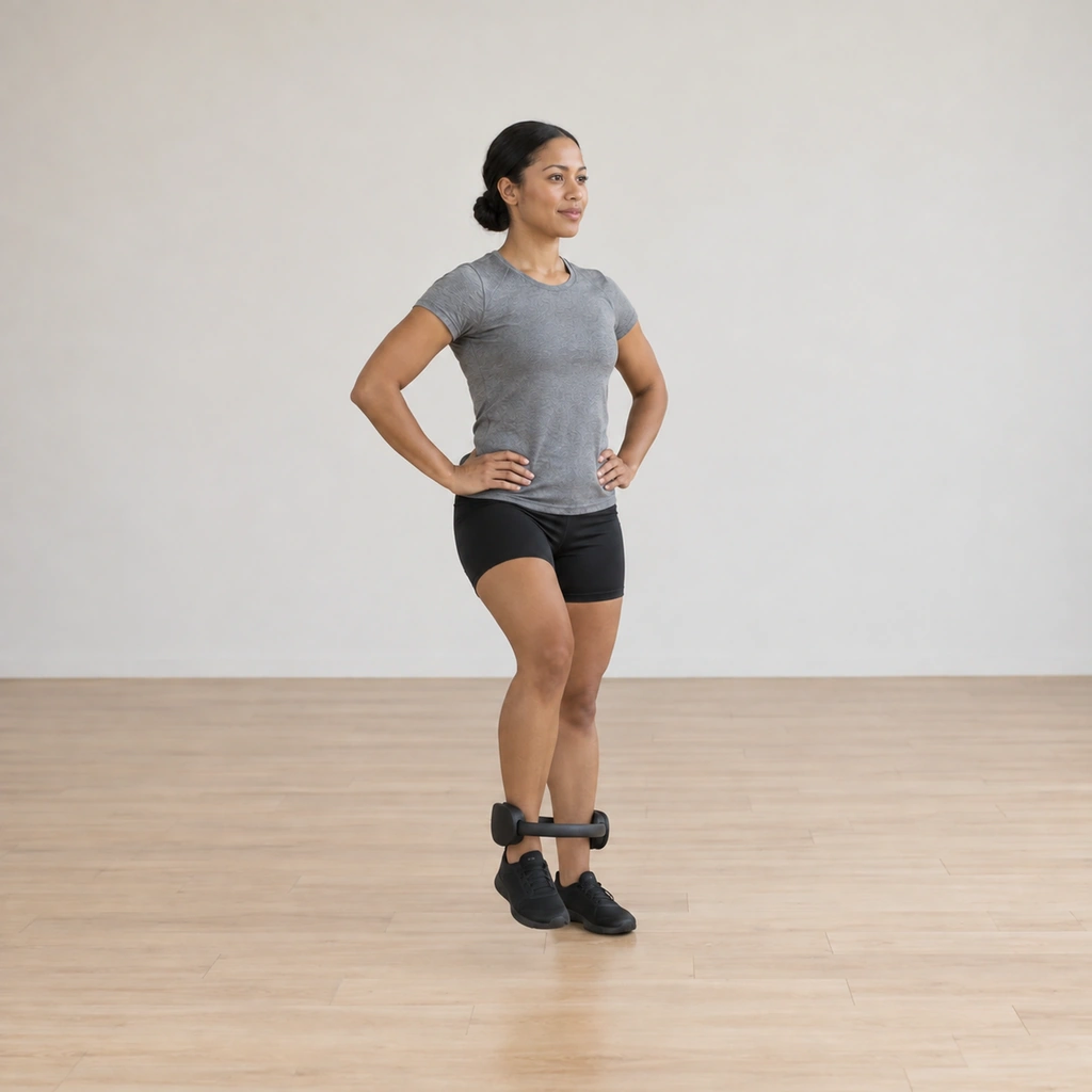 Her right foot is hovered just clear of the floor inside the ring while she stays tall on the standing leg.