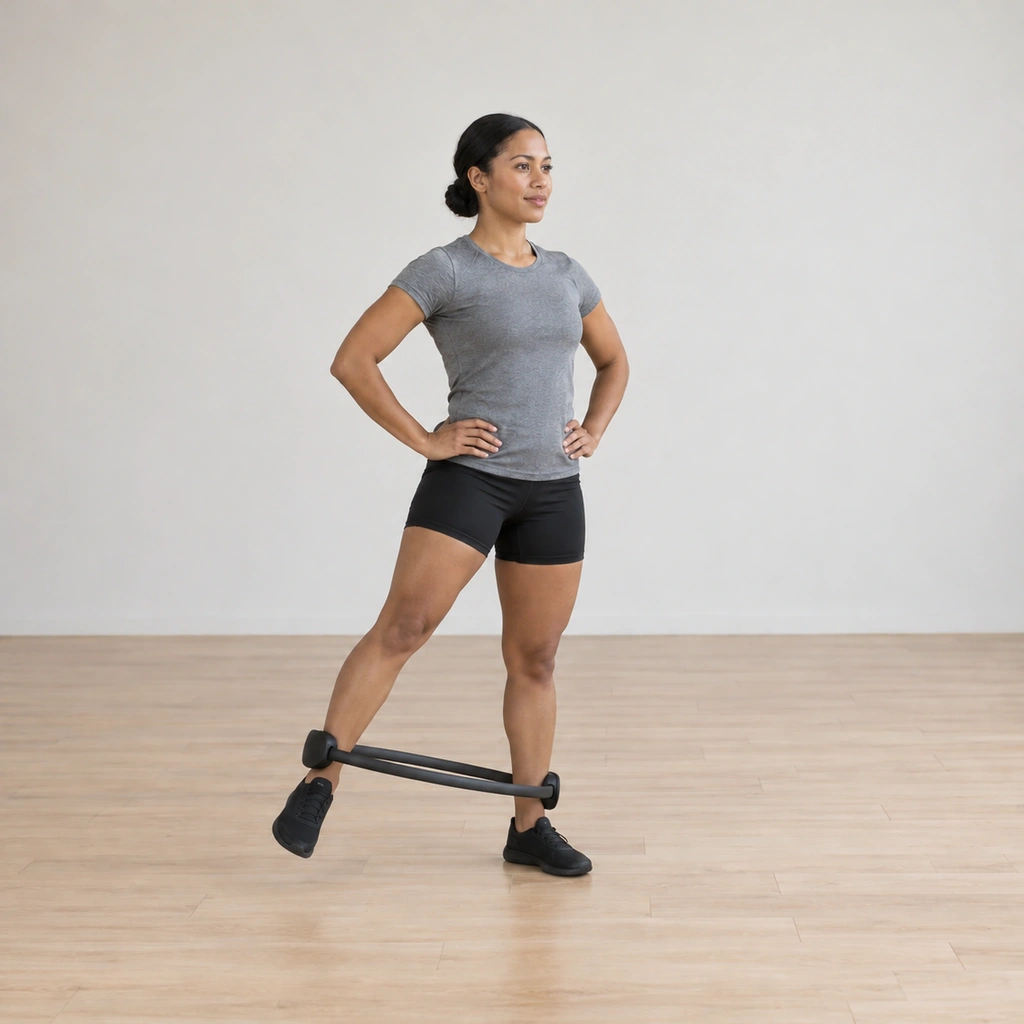Her right leg presses outward into the ring pad, the ring opening slightly under the push while her torso stays centered.