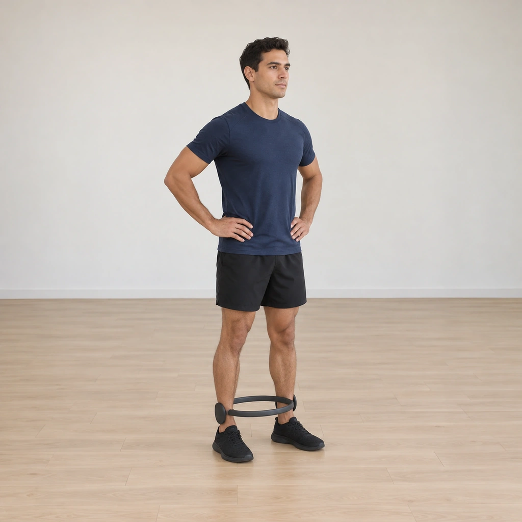 A man stands tall with the magic circle pads sandwiched above his ankle bones, hands on his hips.