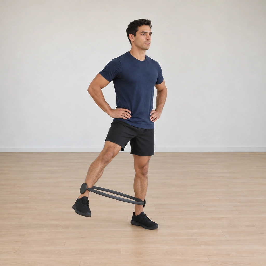 His right leg is lifted slightly, pressing out against the ring pad while he stays upright.
