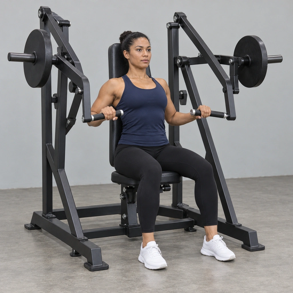 A woman seated in a chest-press machine, gripping a handle in each hand near her chest, shoulder blades retracted.
