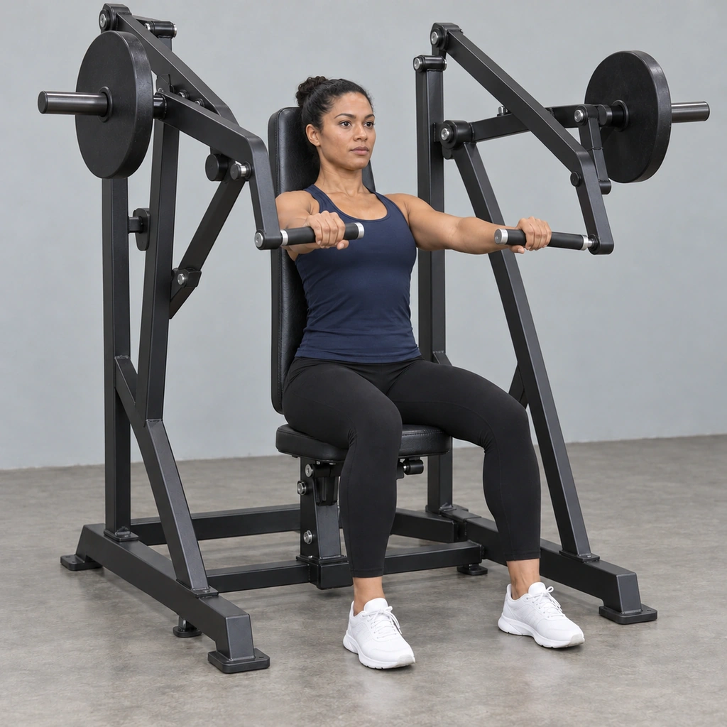 The same woman, now with both handles pressed forward and her elbows extended.