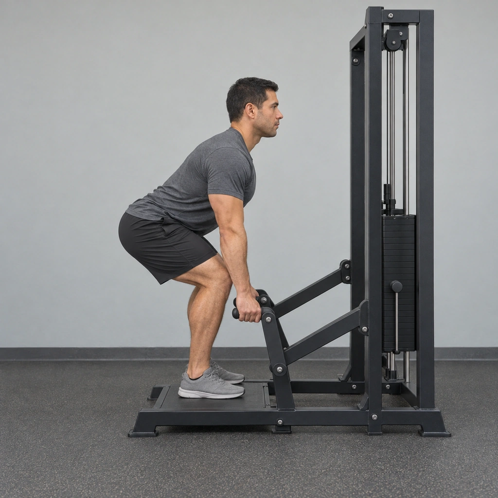 A man standing between a deadlift machine's fixed handles, hips lowered, gripping the bottom handles, head forward and chest up.