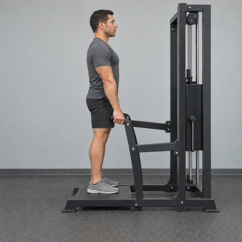 The same man, now standing tall with his hips and knees extended and the machine's handles driven upward.