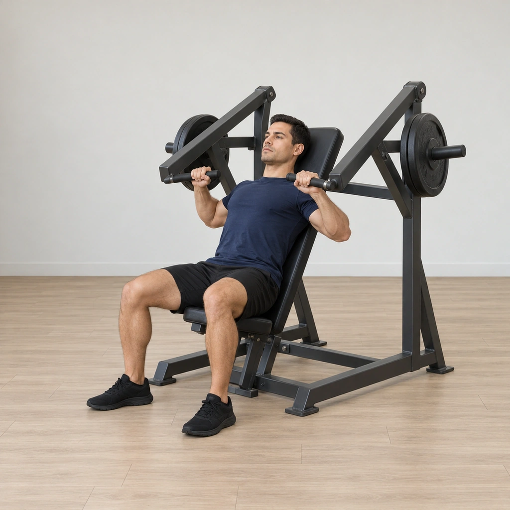 He sits on the inclined seat: back flat on the angled pad, both hands gripping the lever handles at rest near the top of his pectorals, chest and head up, shoulder blades drawn together, feet planted.