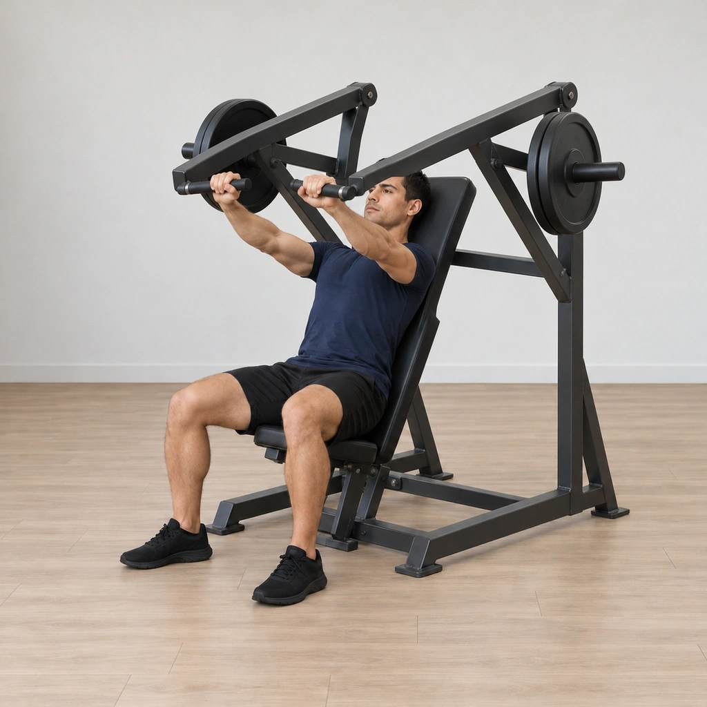 He is mid-press: both lever handles driven forward and up along the incline line, elbows extending, chest and head up, blades still drawn, feet planted.