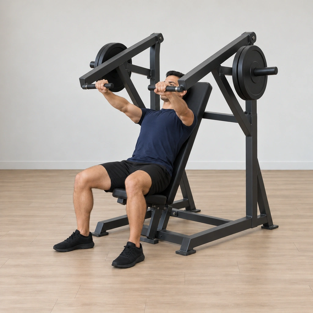 He holds the pressed-out finish: both lever handles fully forward along the incline line, elbows extended, chest tall and head up, blades drawn, the brief top pause held.
