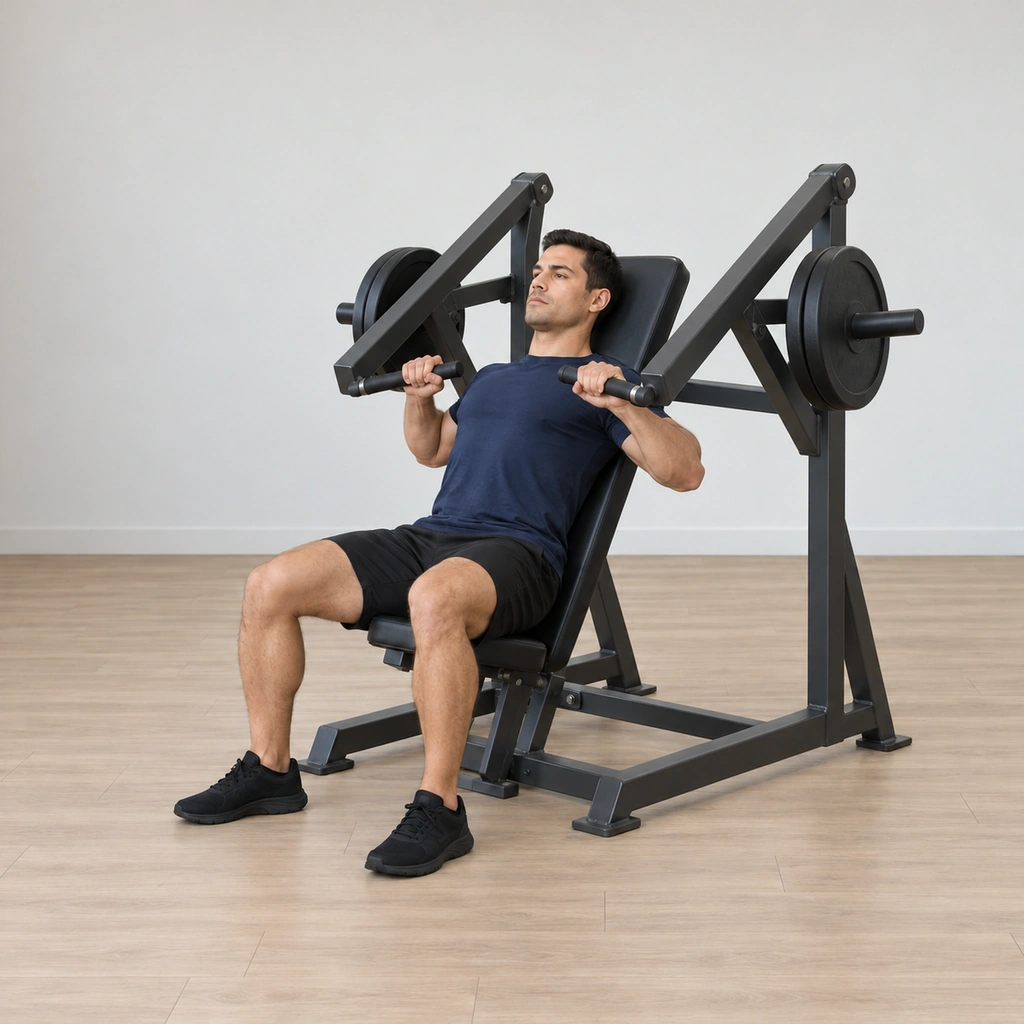 He is mid-return: the lever handles easing back toward his upper chest but held just above the start position off the stops, elbows re-bending, chest up, blades drawn, tension kept on the arms.