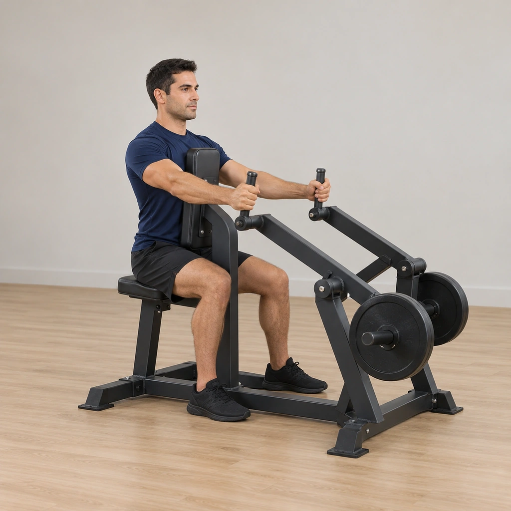 He sits tall in the machine: chest against the pad, both hands gripping the chest-level handles on the independent lever arms, feet planted.