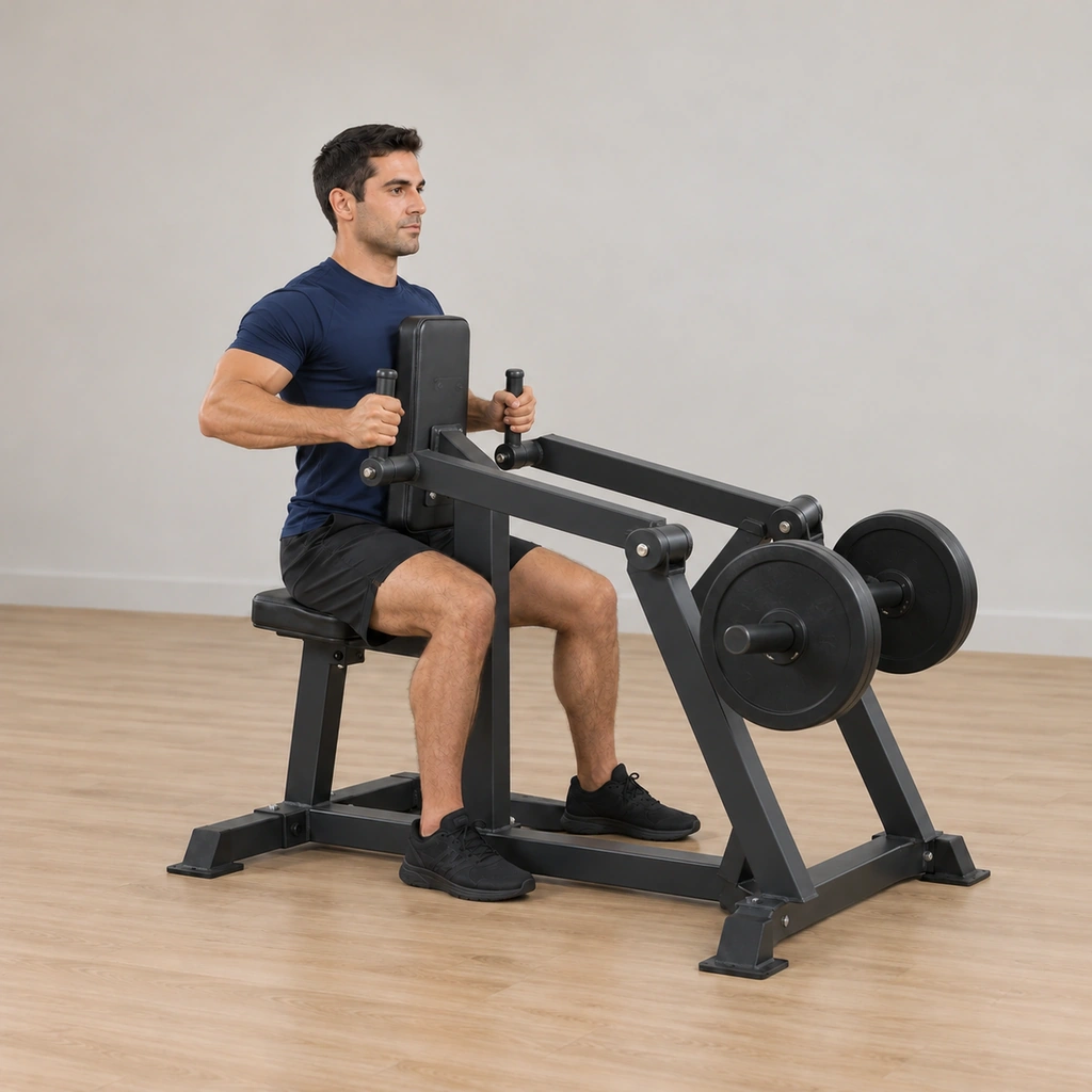 He is mid-pull: both elbows flexing back, each independent lever drawing its own handle toward his torso, the shoulder blades drawing together and his chest still on the pad.