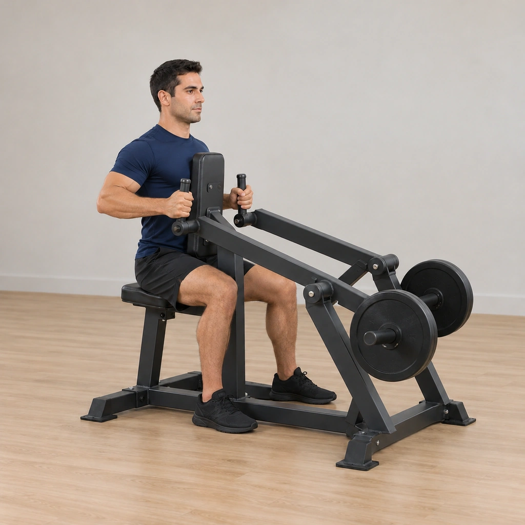 He holds the peak: both handles drawn to his torso at chest height, elbows fully flexed, shoulder blades squeezed together and the independent levers at their back stops of travel.