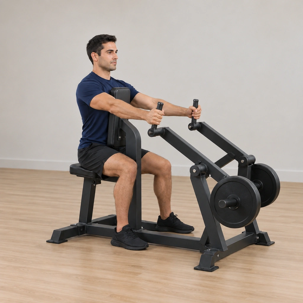He returns under control: elbows extending forward, the independent levers traveling back toward the start and visibly stopping short of the weight stops so the plates stay off the rests.