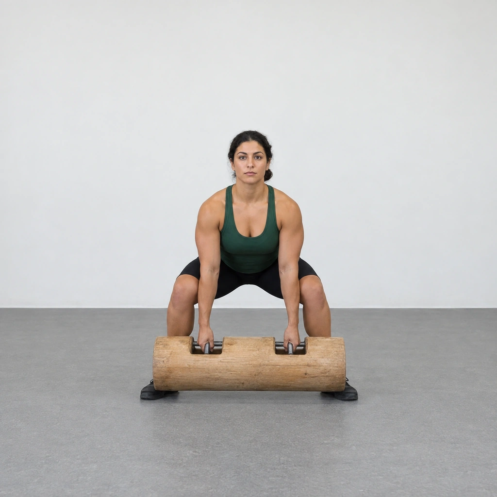 A woman crouched over a thick log resting on the floor, gripping its two internal handles with both hands, back flat.