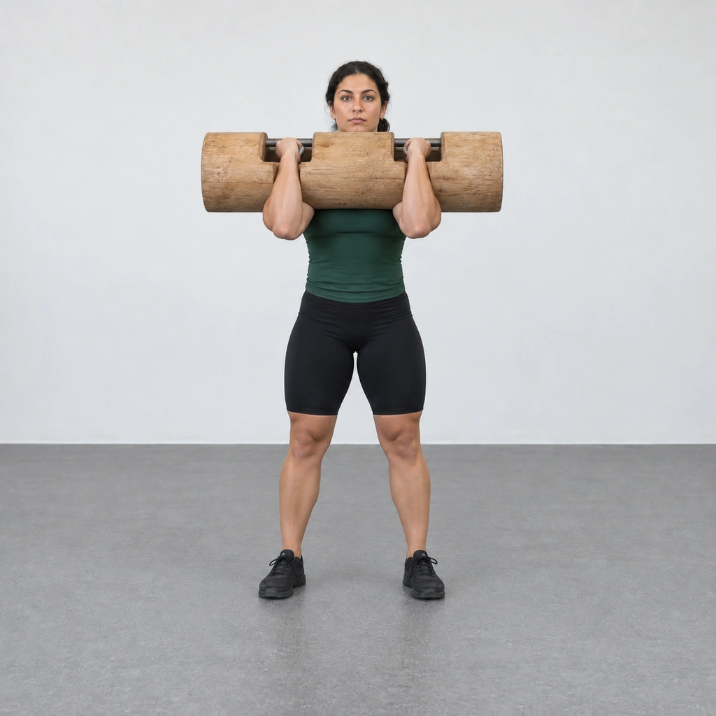 The same woman standing with the log resting horizontally across the front of her chest and shoulders, both elbows bent underneath it, having driven it up from the floor.