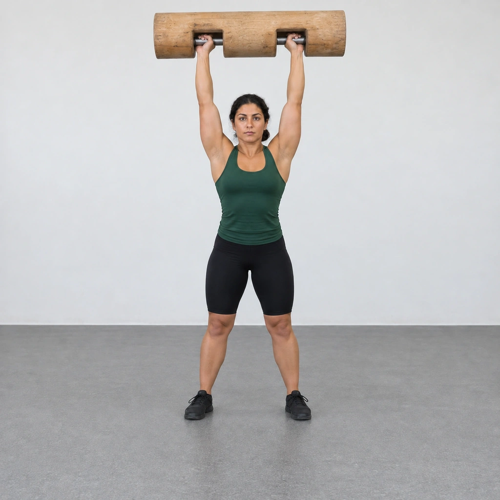 The same woman standing with the log locked out overhead on straight arms, feet parallel, head pushed forward between her arms.
