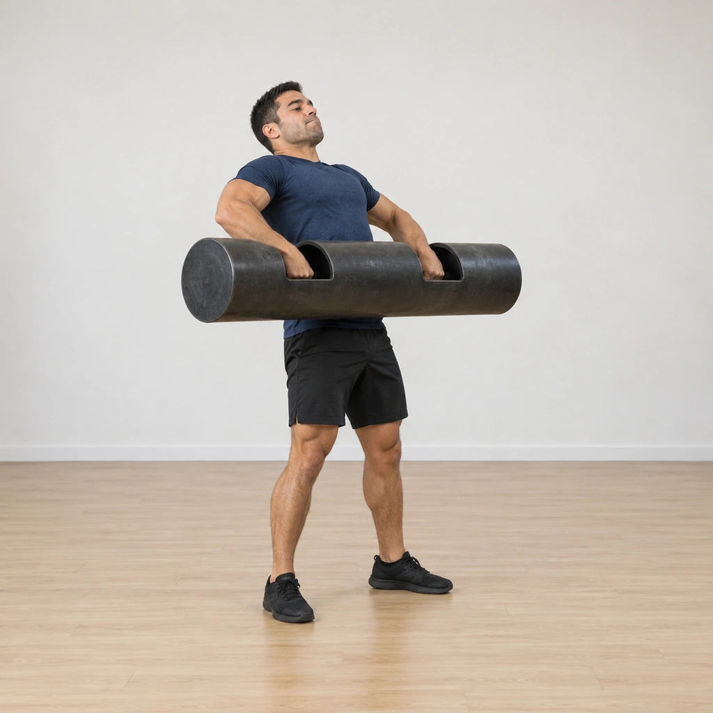 He hinges over the log and pulls it up through hips and knees, drawing it in toward his chest with both hands on the neutral handles.