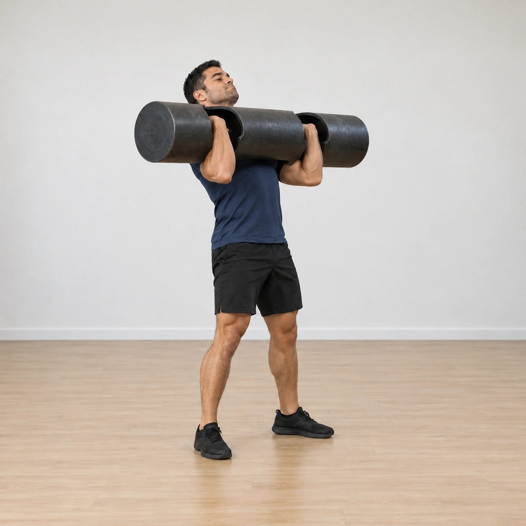 He holds the log resting on his chest shelf, head pushed back and looking up, elbows under the log, body tall.