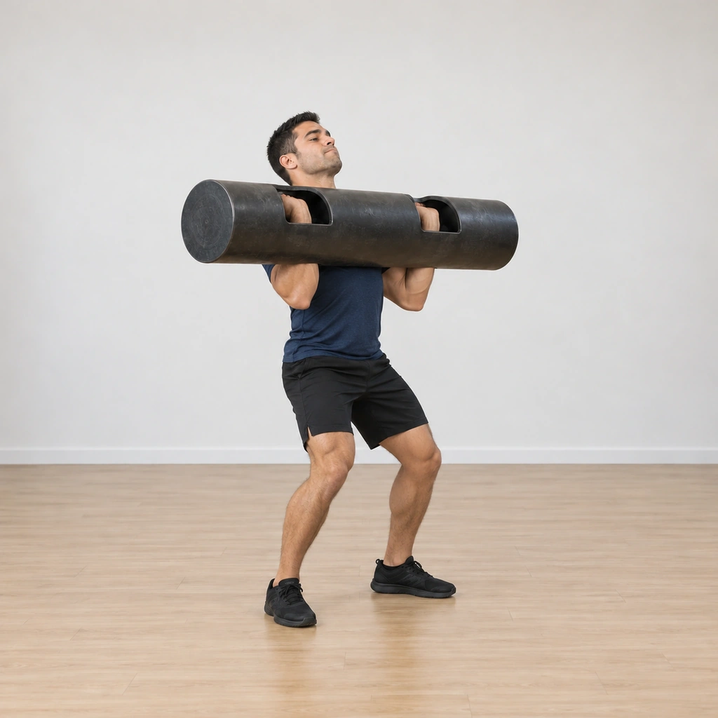 He dips at the knees with the log still on his chest shelf, a shallow quarter-bend gathering for the drive.