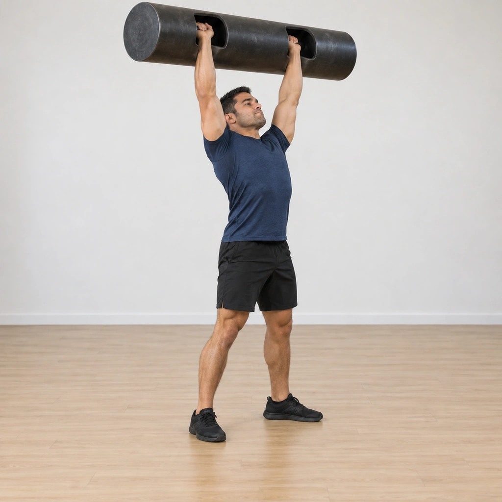 He presses the log overhead to full arm extension, head pushed through and looking forward, arms locked above his head.